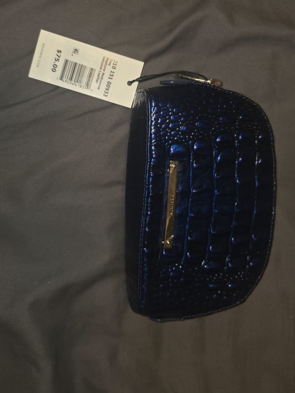 Brahmin Metallic Navy Croc-Embossed Cosmetic Case with Gold Hardware